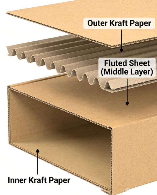 A roll of Kraft paper next to a sheet of corrugated board