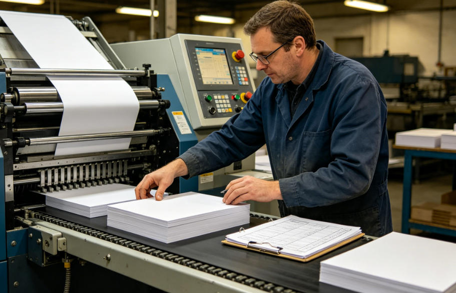 Binding machine operator inspecting finished books