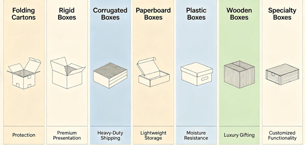various types of packaging boxes on display
