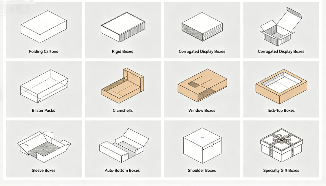 different retail boxes arranged by style