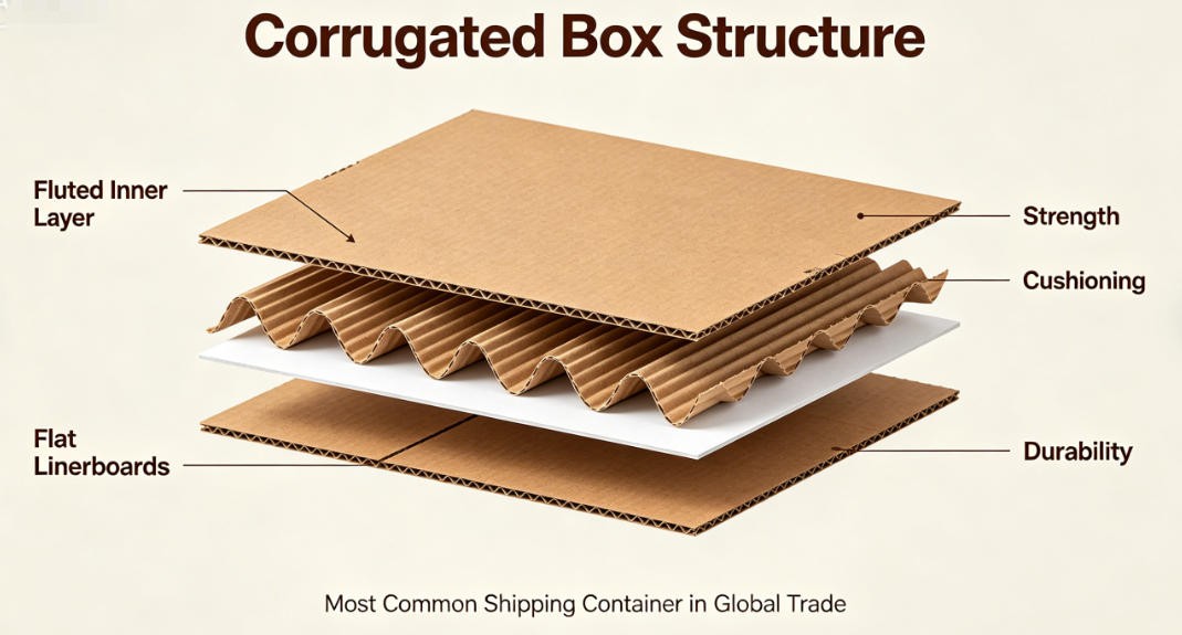 corrugated boxes with fluted layer visible in cross section