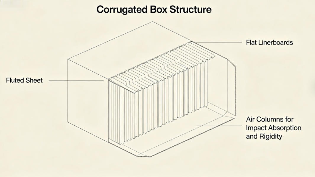 corrugated box cross section showing flutes between liners