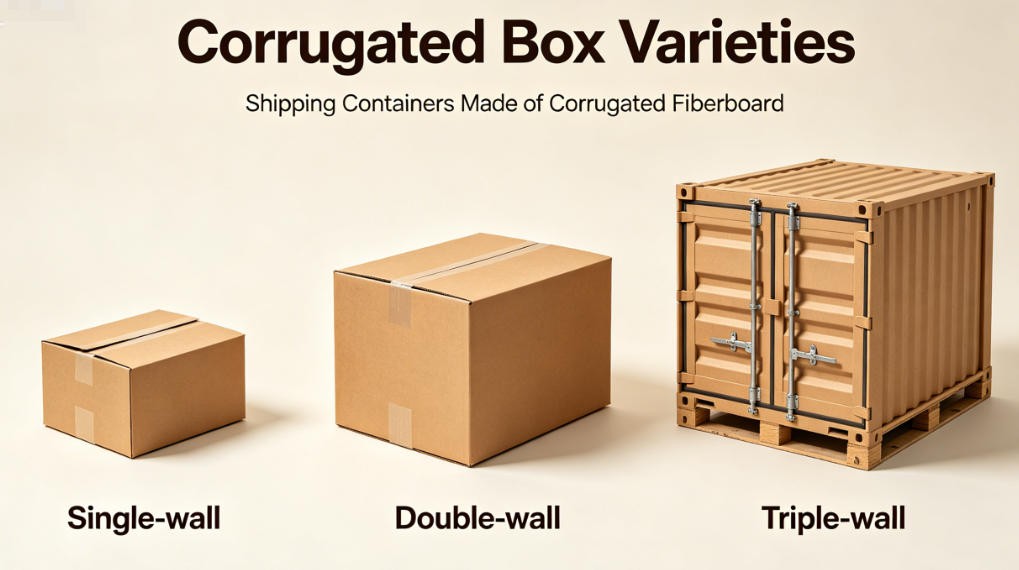 various types of corrugated boxes in warehouse