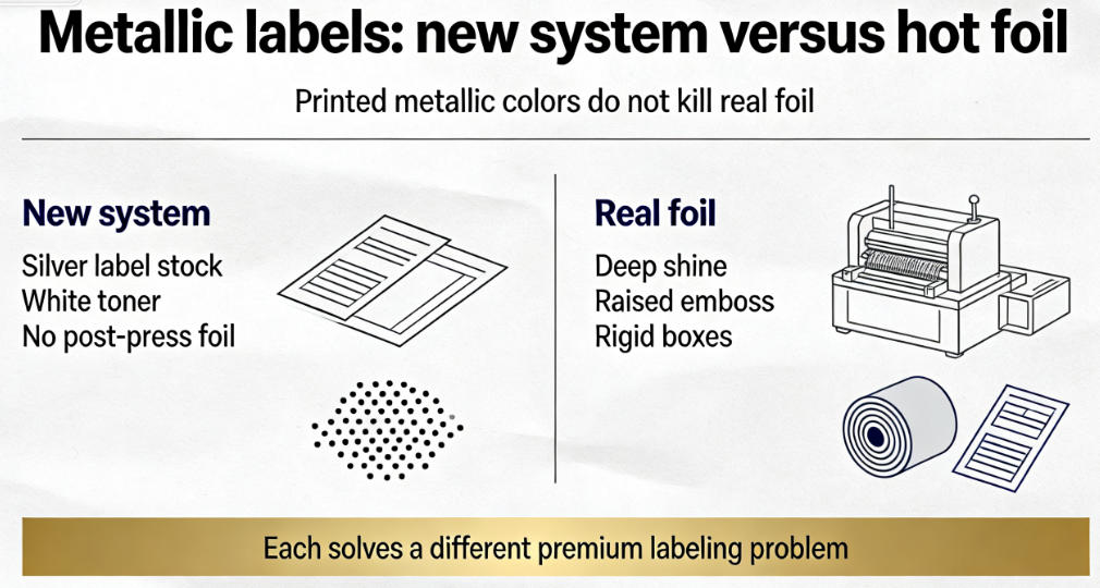 digital metallic label vs hot foil stamping