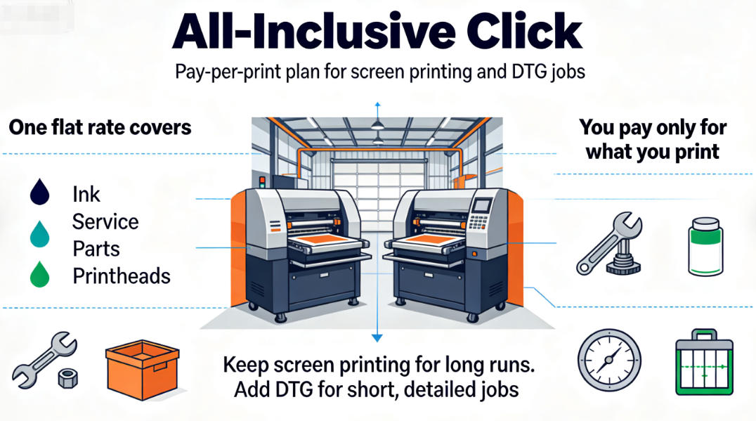 Kornit All-Inclusive Click hybrid screen printing and DTG workflow