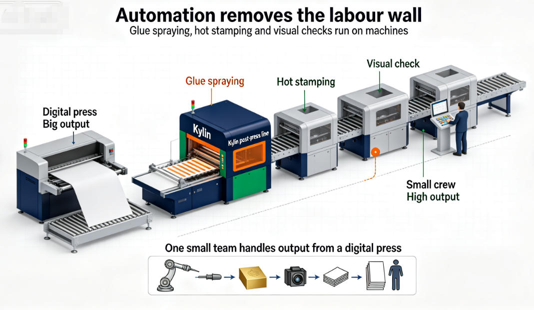 Automated post-press line with glue and vision inspection machines