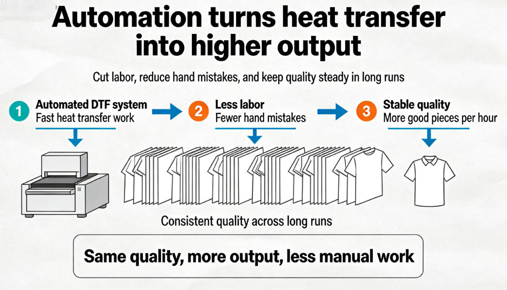 automated DTF heat transfer system printing at high volume